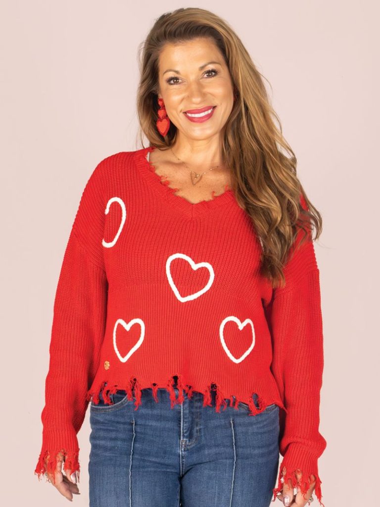 Red v neck sweatshirt sales