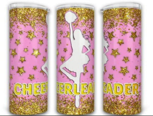 Cheer Cheerleader Gold Stars 20 oz Skinny Tumbler Cup With Straw