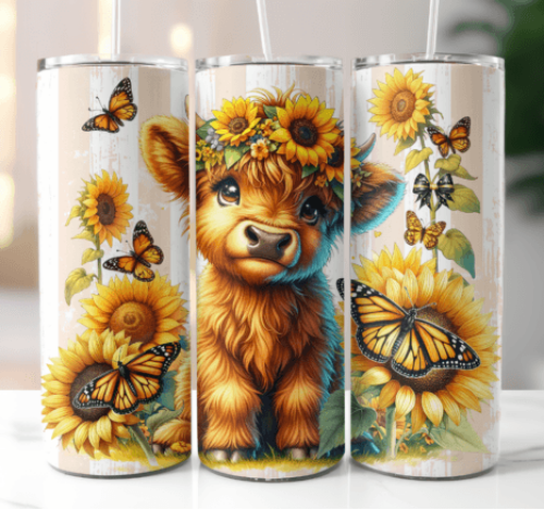 Highland Cow and Sunflowers 20 oz Skinny Tumbler Cup With Straw