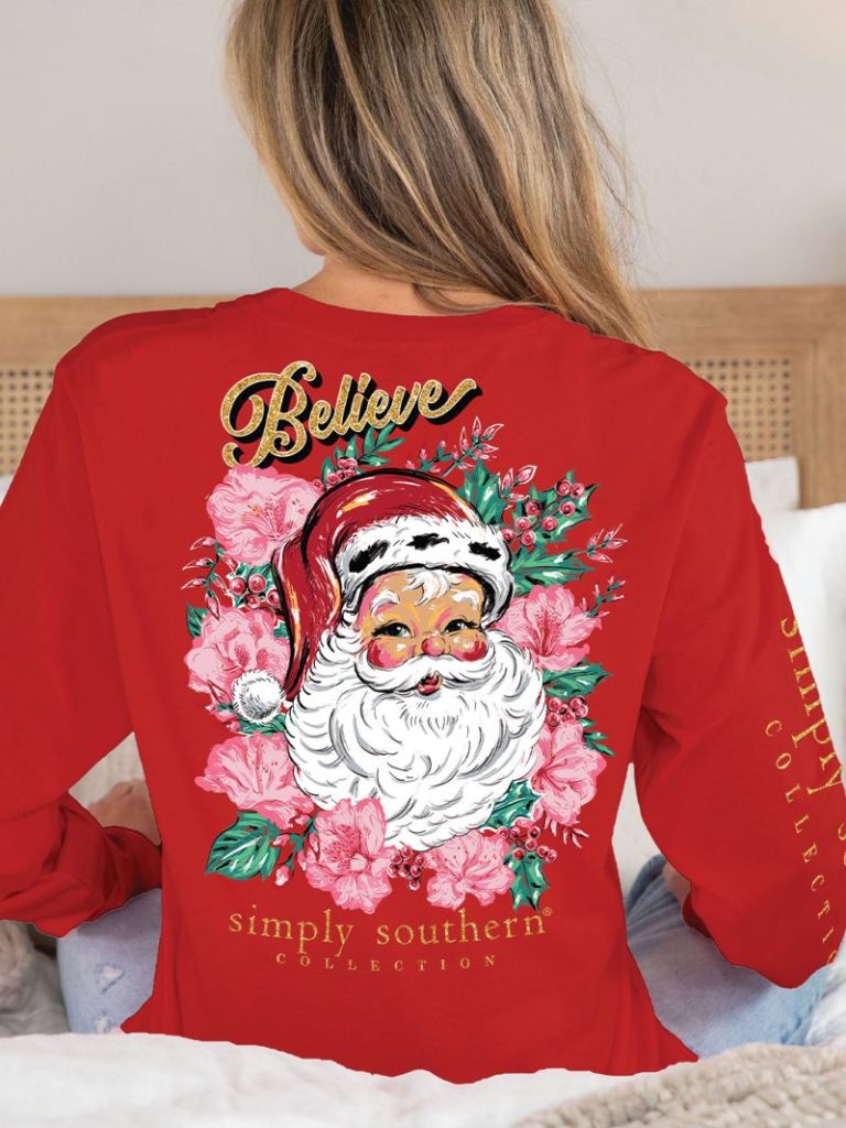 Simply Southern Believe Floral Santa Christmas Long Sleeve T Shirt SimplyCuteTees