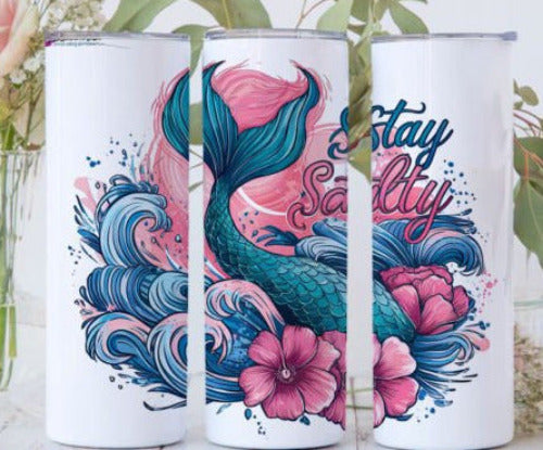 Stay Salty Mermaid Tail 20 oz Skinny Tumbler Cup With Straw