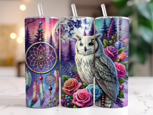 Dream Catcher Owl 20 oz Skinny Tumbler Cup With Straw