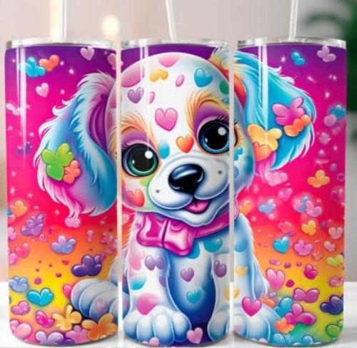 Colorful Puppy Dog with Hearts 20 oz Skinny Tumbler Cup With Straw