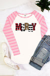 Merry Christmas Plaid Leopard Raglan Pink Striped Sleeve Long Sleeve Shirt