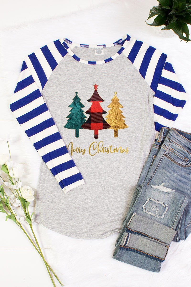 SALE Merry Christmas Trees Striped Sleeve Raglan Long Sleeve T-Shirt