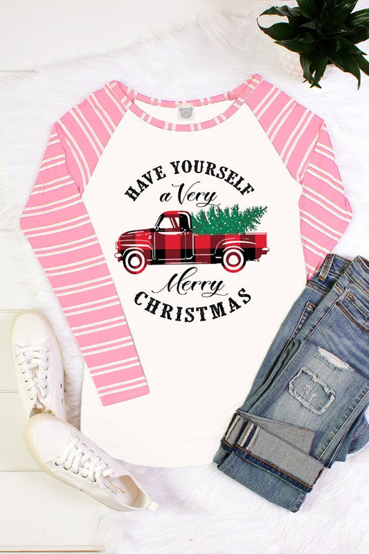 SALE Have Yourself a Very Merry Christmas Truck Striped Sleeve Raglan Long Sleeve T-Shirt