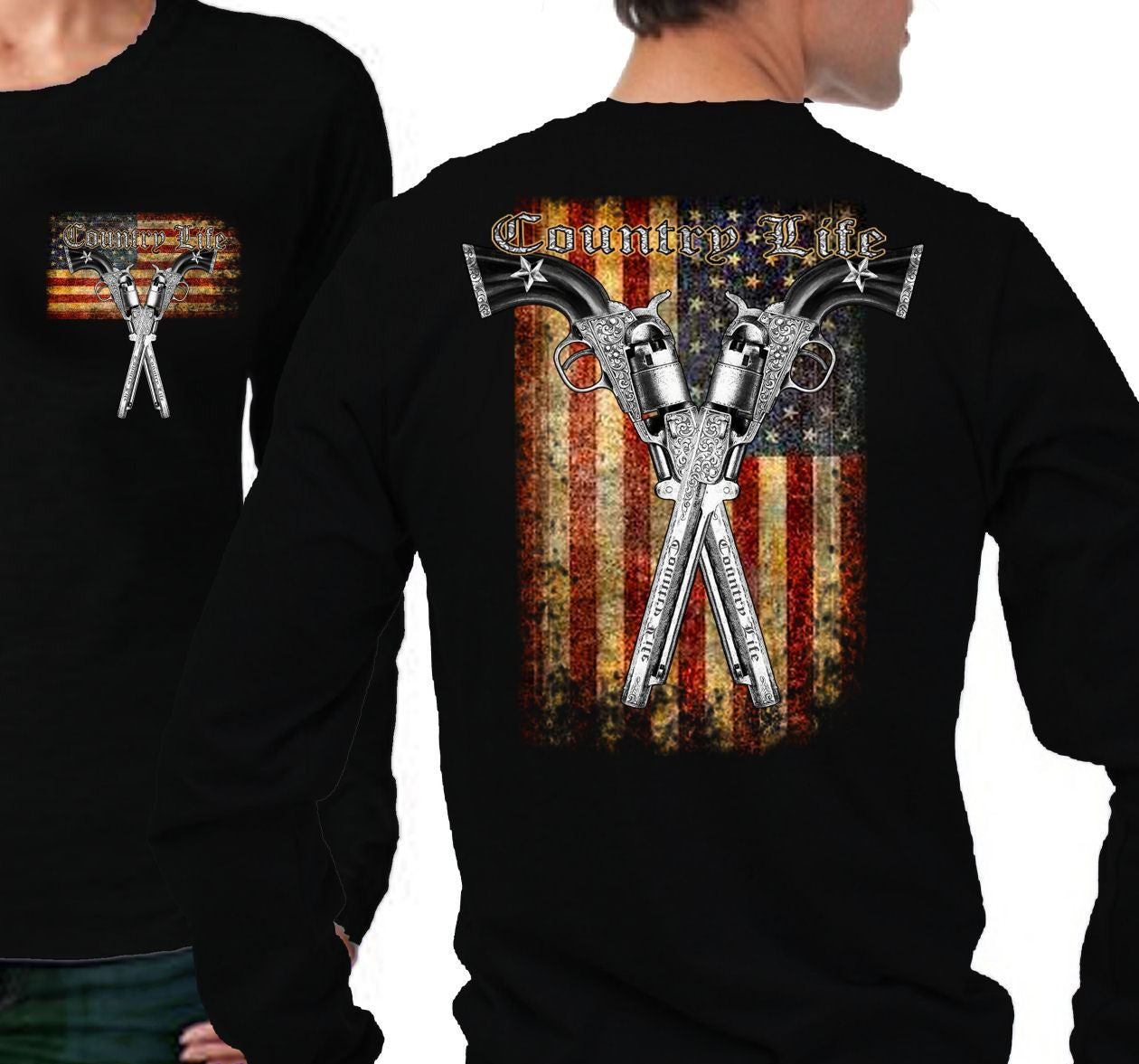 Country Life Outfitters USA American Flag Guns Vintage Unisex Black Long Sleeves Bright T Shirt Small / Black