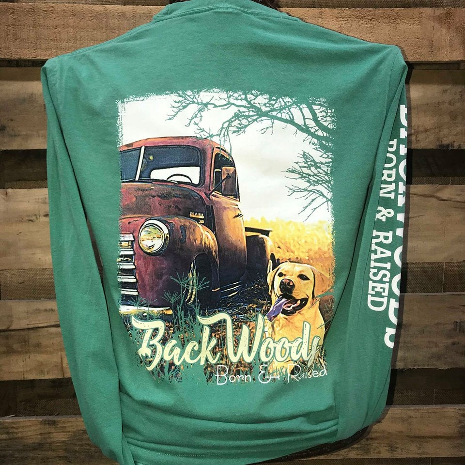 SALE Backwoods Born & Raised Truck Yellow Lab Dog Country Comfort Colors Long Sleeves Bright Unisex T Shirt