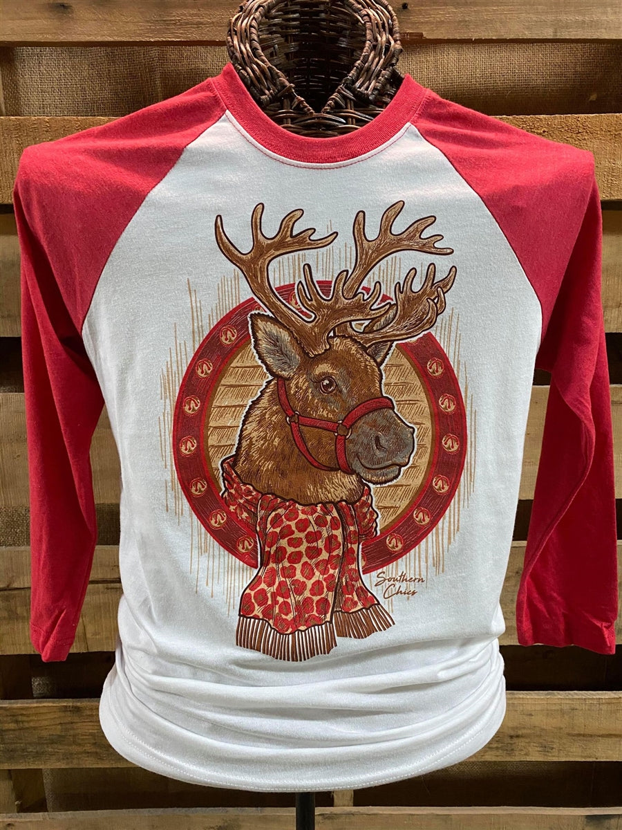 Southern Chics Christmas Reindeer Raglan Canvas T Shirt