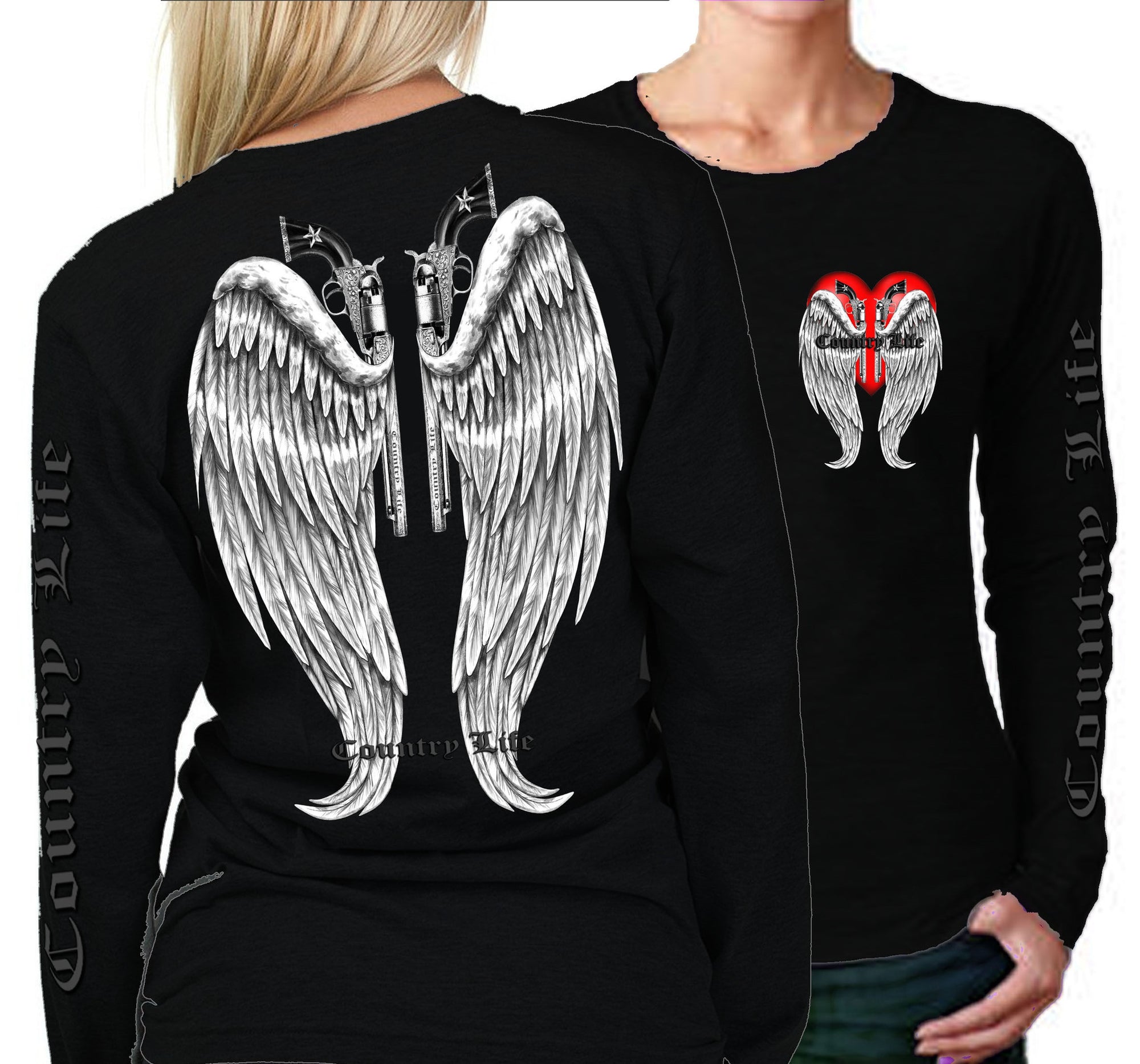 Country Life Outfitters Wings Guns Vintage Black Long Sleeve Bright T Shirt - SimplyCuteTees