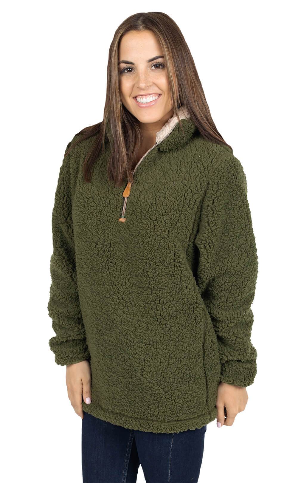 Simply Southern Pullover Preppy Sherpa Army Green Long Sleeve Sweatshirt Jacket Sweater