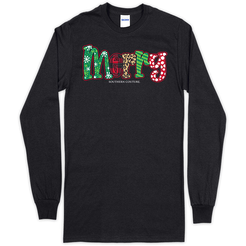 Southern Couture Merry Pattern Holiday Long Sleeve Soft T-Shirt