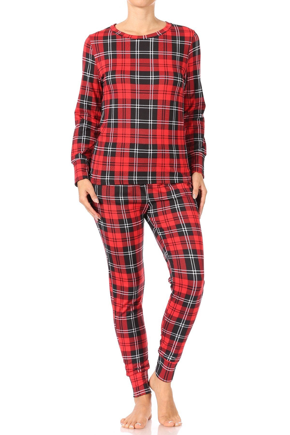 Red Plaid Fleece Lined Lounge Pajama Set Pants and Shirt