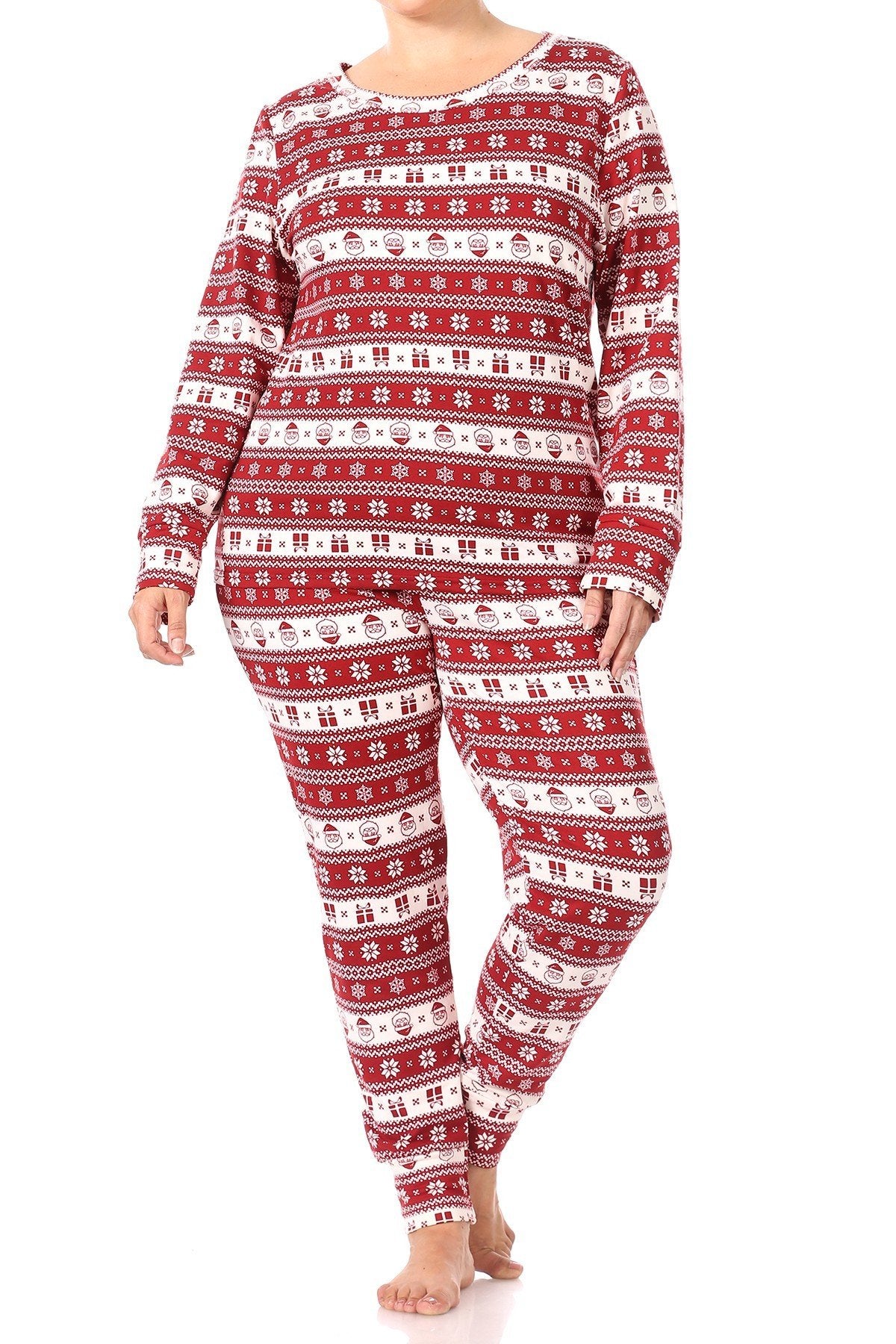 Christmas Fair Isle Santa Fleece Lined Lounge Pajama Set Pants and Shirt